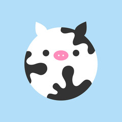 Cute cow round vector graphic icon. Black and white spotted cow animal head, face illustration. Isolated on blue background.