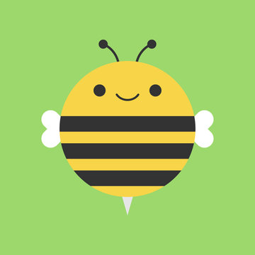 Cute bee round vector graphic icon. Striped black and yellow bee, insect animal face, body illustration. Isolated on green background.