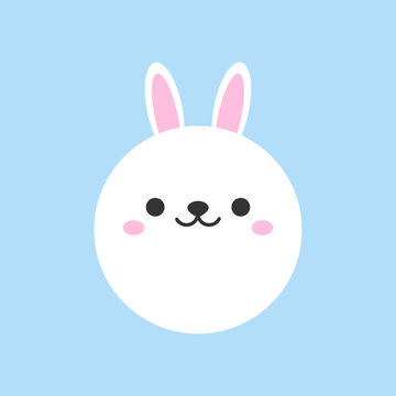 Cute bunny round vector graphic icon. White rabbit animal head, face illustration. Isolated on blue background.