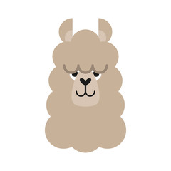Cute simple llama head vector illustration. Beige llama, alpaca head with face, ears, nose and eyes, fluffy llama animal, isolated.
