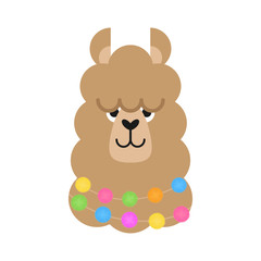 Cute simple llama head vector illustration. Brown llama, alpaca head, face with ears, eyes and nose. Fluffy llama animal with colorful pom poms around neck, isolated.