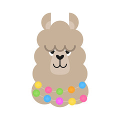 Cute simple llama head vector illustration. Beige llama, alpaca head, face with ears, eyes and nose. Fluffy llama animal with colorful pom poms around neck, isolated. 