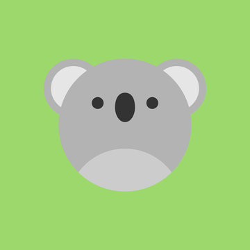 Cute koala round vector graphic icon. Koala bear animal head, face illustration. Isolated on green background.