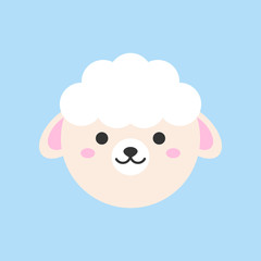 Cute sheep round vector graphic icon. Sheep animal head, face illustration. Isolated on blue background.