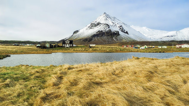Sn&aelig;fellsnes Peninsula Fishing Village and mountains with snow at western Iceland