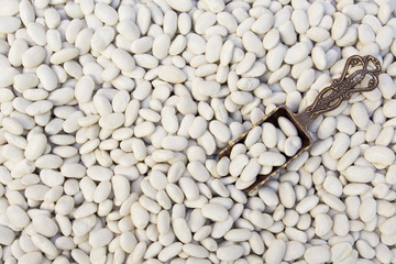 İron spoon with white beans background.