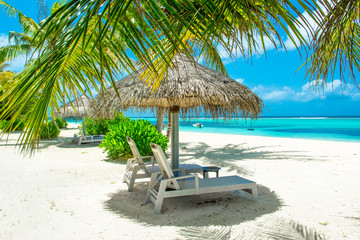 Beautiful sandy beach with sunbeds and umbrellas in Indian ocean, Maldives island