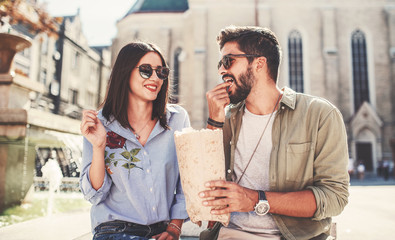 Romantic couple at the meeting in the park. Love, relationships, lifestyle concept