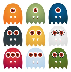 Fotobehang Set of 9 cute ghosts with one, two or three eyes or glasses, with sharp tooth with blood, in different colors, isolated on white © ravennka