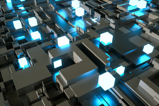 3d rendering, luminescent squares and dark background