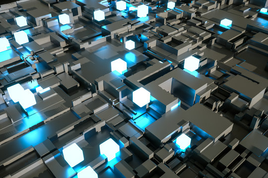 3d rendering, luminescent squares and dark background