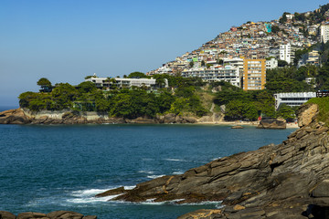 Social contrast. Vidigal district and luxury hotel, slum (favela) and sophisticated buildings in the South Zone of Rio de Janeiro. Brazil South America. 