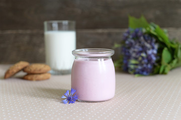 dairy products: yogurt, a glass of milk and oatmeal cookies,
rustic style