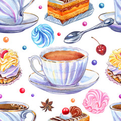 Seamless pattern of cups and sweets on a white background, watercolor illustration. Tea, coffee, candy, cakes marshmallows, hand-drawing.