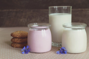 dairy products: yogurt, a glass of milk and oatmeal cookies,
rustic style