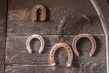 Old horseshoes on wooden background