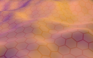 Colorful honeycomb with a gradient color on a light background. Perspective view on polygon look like honeycomb. Wavy surface. Isometric geometry. 3D illustration