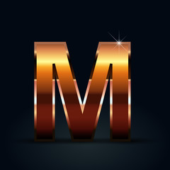Bronze vector letter M uppercase isolated on black background