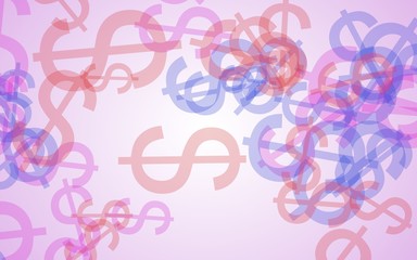 Multicolored translucent dollar signs on white background. Red tones. 3D illustration