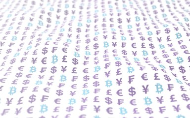 Bitcoin and currency on a white background. Digital crypto symbol. Wave effect, market fluctuations. Business concept. 3D illustration