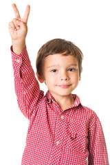 young adorable boy with raised hand, isolated on white background