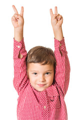 young adorable boy with raised hands, isolated on white background
