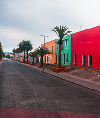 Fototapeta na wymiar Colorful street with palmtrees in México.