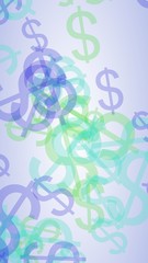 Multicolored translucent dollar signs on white background. Vertical image orientation. 3D illustration