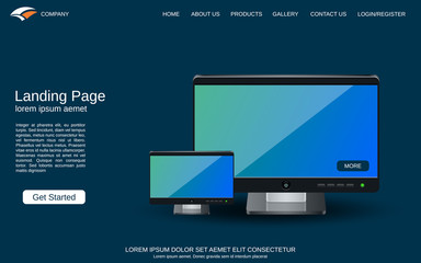 Website landing page design template. Blue vector background with desktop monitor illustration