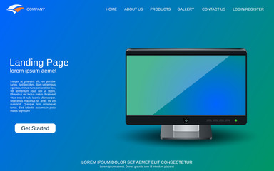 Website landing page design template. Blue vector background with desktop monitor illustration