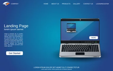 Fotobehang Website landing page design template. Blue vector background with laptop illustration © Ulvur
