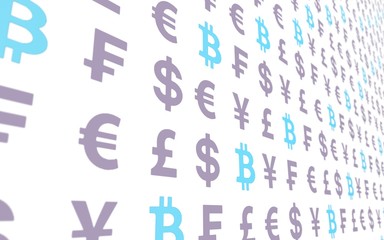 Bitcoin and currency on a white background. Digital Cryptocurrency symbol. Business concept. Market Display. 3D illustration