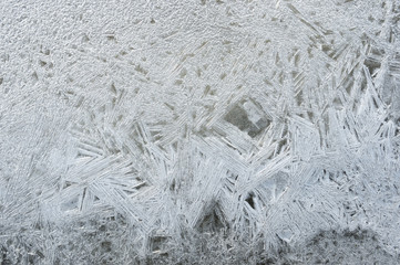 Rime, frost, ice texture. ice pattern texture. Ice on the winter lake. Closeup.