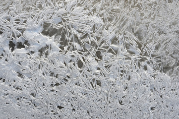 Rime, frost, ice texture. ice pattern texture. Ice on the winter lake. Closeup.