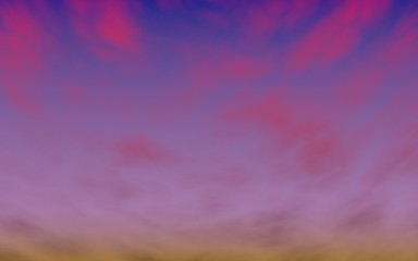 Cumulus pink clouds in the purple sky at sunset. Abstract group of clouds in the evening. 3D illustration