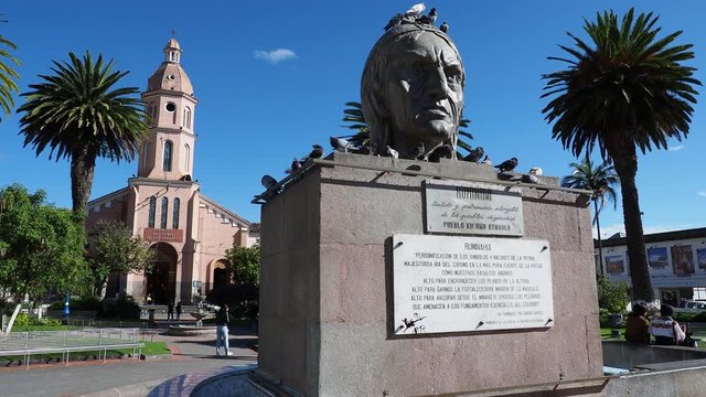 Ruminawi Monument and San Luis Church, Simon Bolivar Park, Otavalo, Imbabura Province, Ecuador
