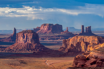 Monument Valley at sunset from Hunt's Mesa with beautiful golden light
