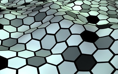 Honeycomb with a gradient color. Perspective view on polygon look like honeycomb. Wavy surface. Isometric geometry. 3D illustration