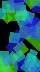 Multicolored translucent squares on dark background. Vertical image orientation. 3D illustration