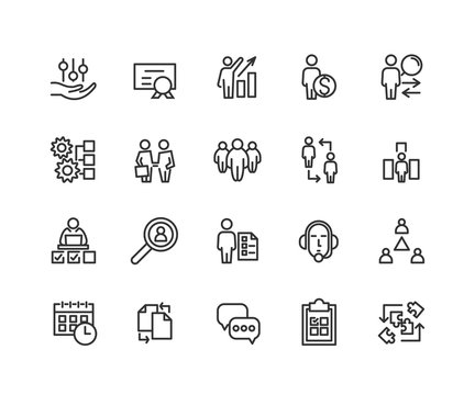 Simple Set of Business managment Related Vector Line Icons. Contains such Icons as One-on-One Meeting, Support, Business Communication, Team Structure and more. Editable Stroke. 48x48 Pixel Perfect.
