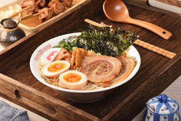 Japanese Ramen noodles in soy sauce flavored soup     