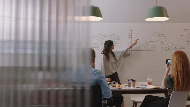 diverse business people meeting in boardroom brainstorming team leader woman presenting financial graph data showing colleagues presentation working together in disabled friendly office
