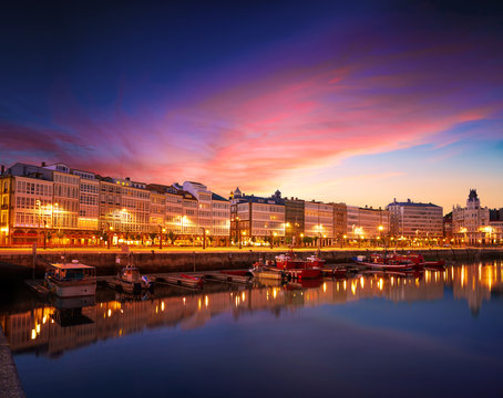 La Coruna sunset port marina in Galicia Spain