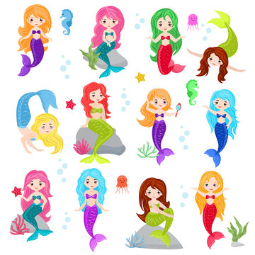 Mermaid vector cartoon seamaid character girl with beautiful tale and colorfil hair underwater seabed illustartion set of marine princess and sea animals jellyfish isolated on white background