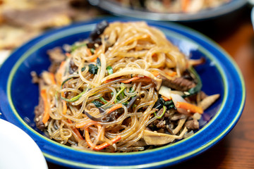 Both sliced fish and meat pancake are traditional Korean foods which coat with eggs and griddle on frying pan with cooking oil. This dish usually eats every famous Korea thanksgiving holiday called Ch