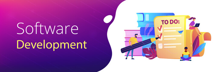 People feel in check boxes in to do list. Project task management it concept. Software development process and project management activities. Violet palette. Header or footer banner template.