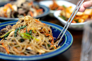 Japchae is a traditional Korean food which is mixed dish of boiled bean threads, stir-fried...