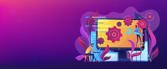 People configure the application on the big LCD screen with gears. Back end development it concept. Software development process. Violet palette. Back-end concept. Header or footer banner template. - obrazy, fototapety, plakaty