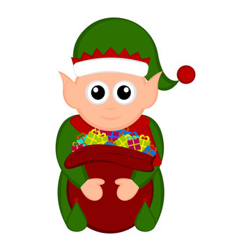 Christmas elf holding a present bag