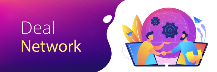 Businessmen shaking hands through laptop screens as online business, conference, meeting, network, deal, negotiations, agreement concept, violet palette. Header or footer banner template.